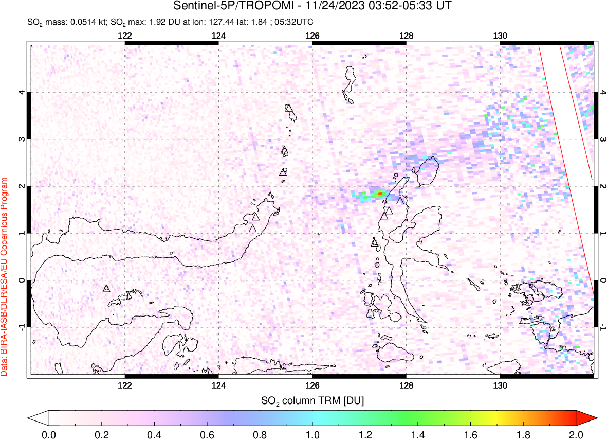 A sulfur dioxide image over Northern Sulawesi & Halmahera, Indonesia on Nov 24, 2023.