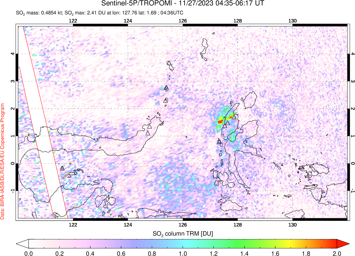 A sulfur dioxide image over Northern Sulawesi & Halmahera, Indonesia on Nov 27, 2023.