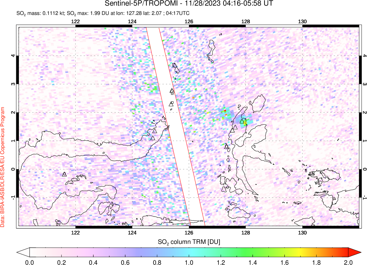 A sulfur dioxide image over Northern Sulawesi & Halmahera, Indonesia on Nov 28, 2023.