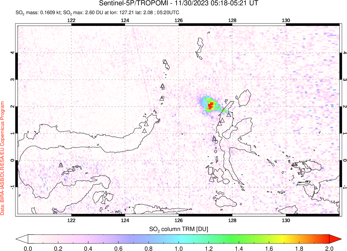 A sulfur dioxide image over Northern Sulawesi & Halmahera, Indonesia on Nov 30, 2023.