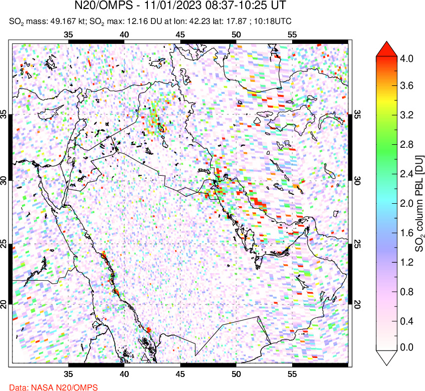 A sulfur dioxide image over Middle East on Nov 01, 2023.