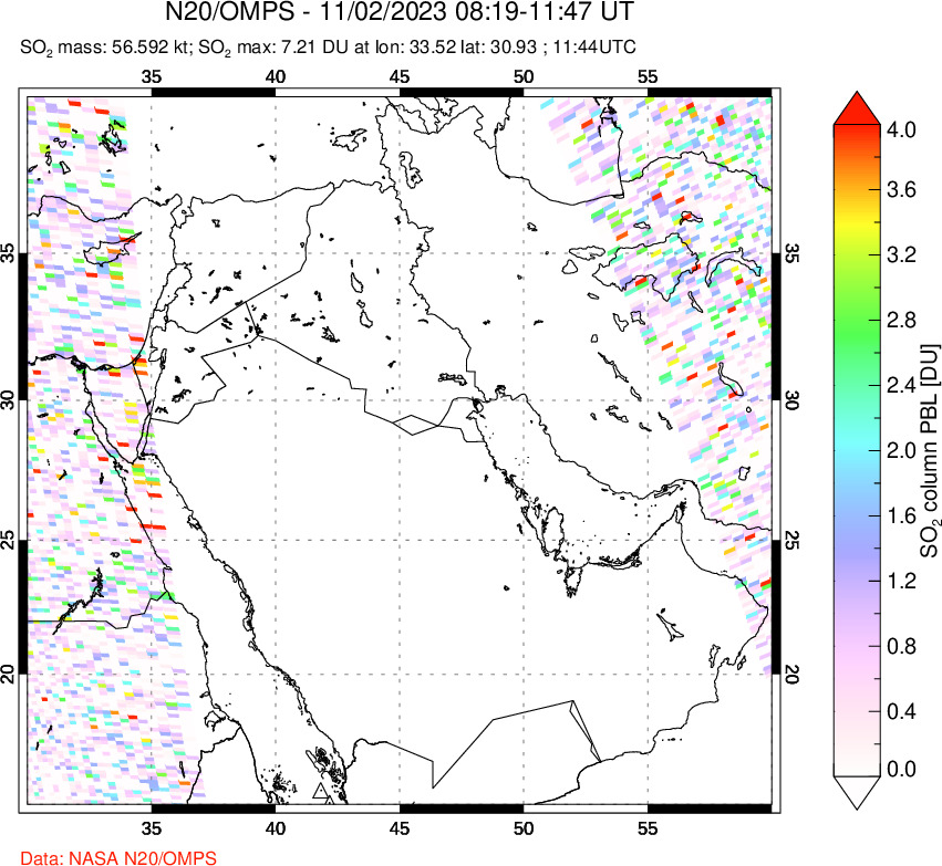 A sulfur dioxide image over Middle East on Nov 02, 2023.