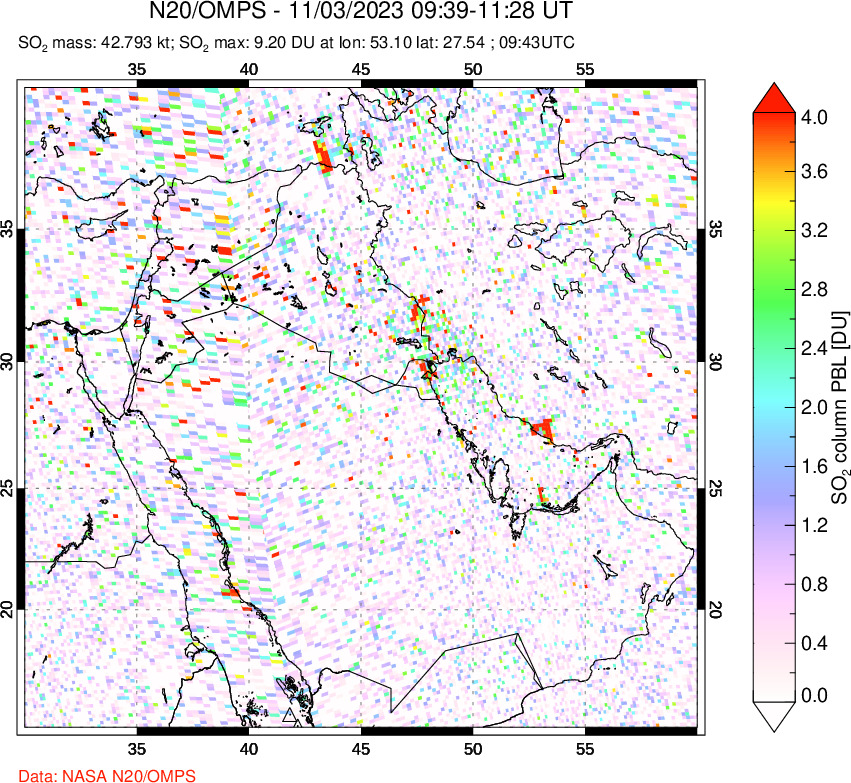 A sulfur dioxide image over Middle East on Nov 03, 2023.