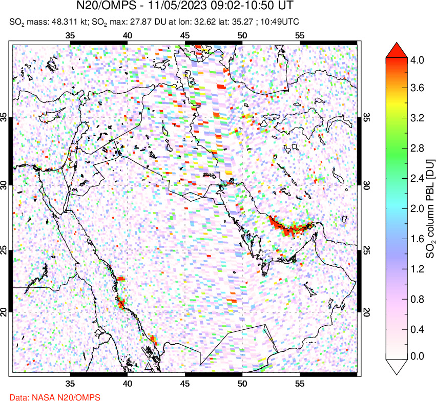 A sulfur dioxide image over Middle East on Nov 05, 2023.