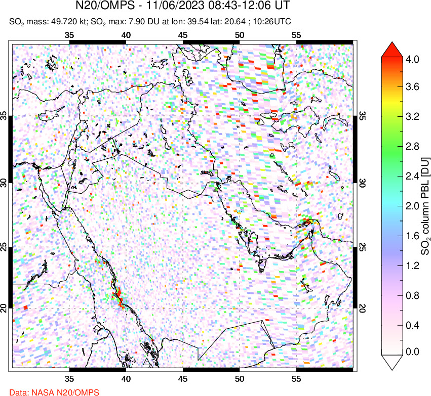 A sulfur dioxide image over Middle East on Nov 06, 2023.