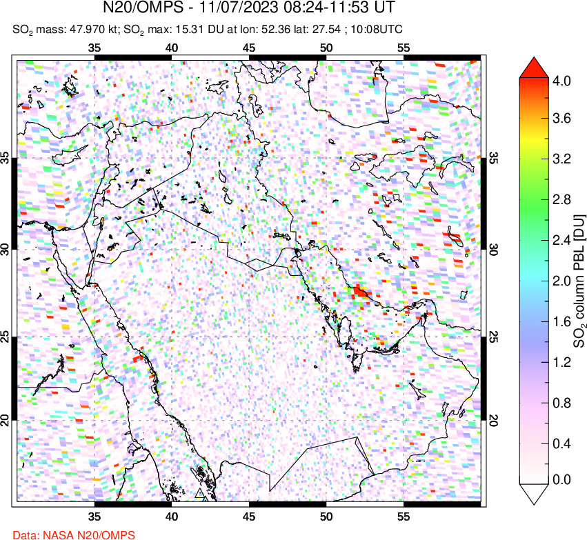 A sulfur dioxide image over Middle East on Nov 07, 2023.