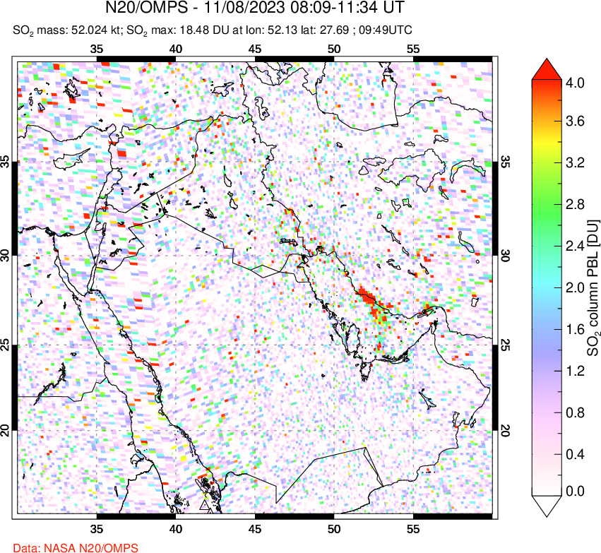 A sulfur dioxide image over Middle East on Nov 08, 2023.