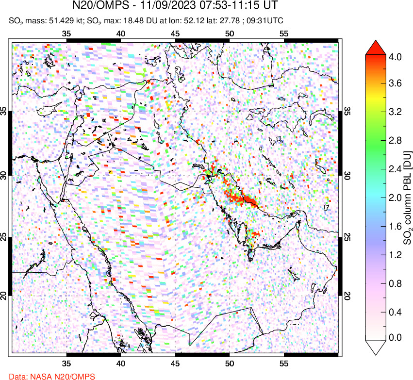 A sulfur dioxide image over Middle East on Nov 09, 2023.