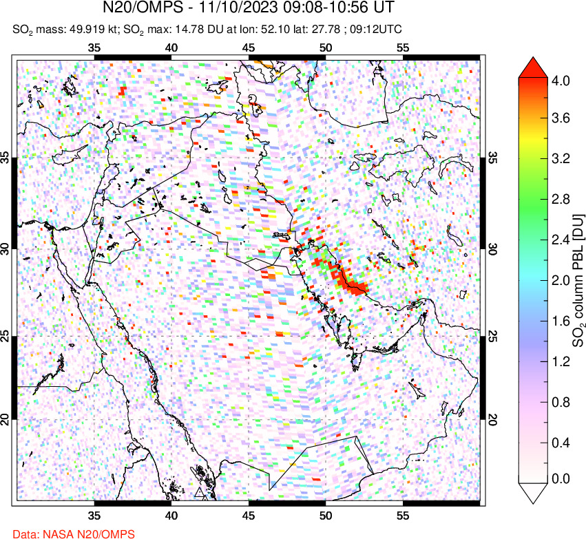 A sulfur dioxide image over Middle East on Nov 10, 2023.