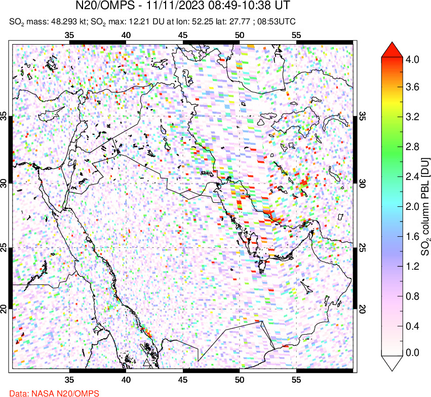 A sulfur dioxide image over Middle East on Nov 11, 2023.