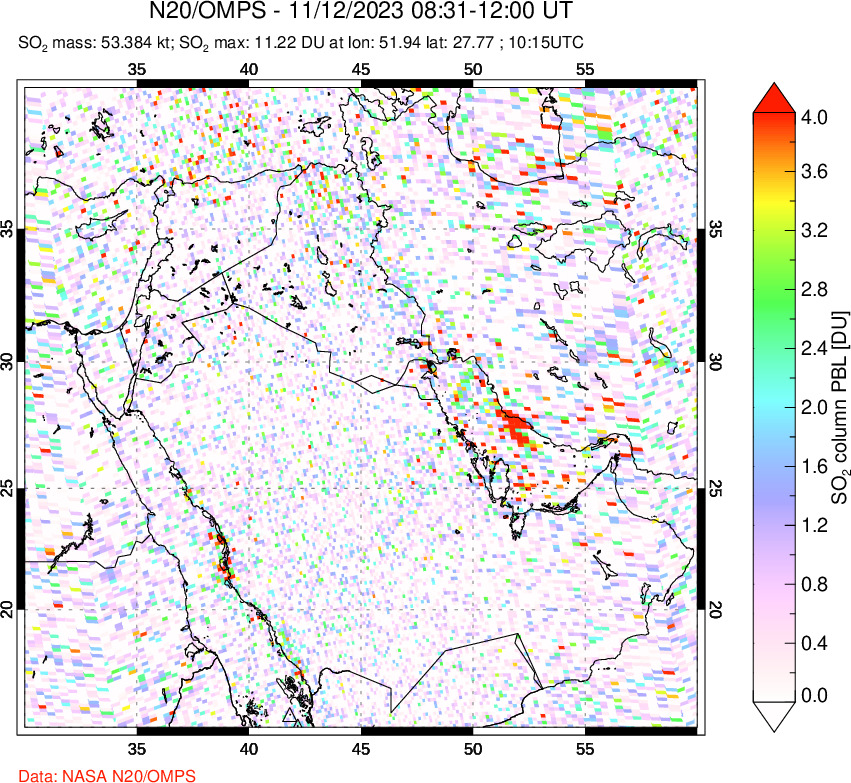 A sulfur dioxide image over Middle East on Nov 12, 2023.