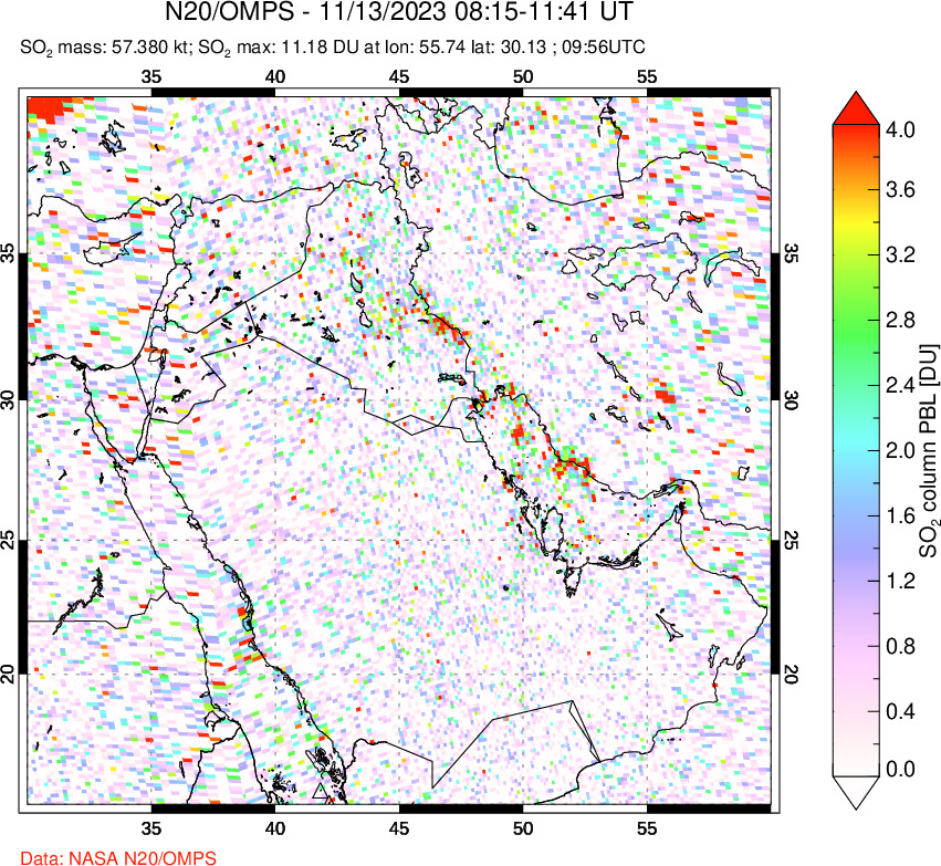 A sulfur dioxide image over Middle East on Nov 13, 2023.