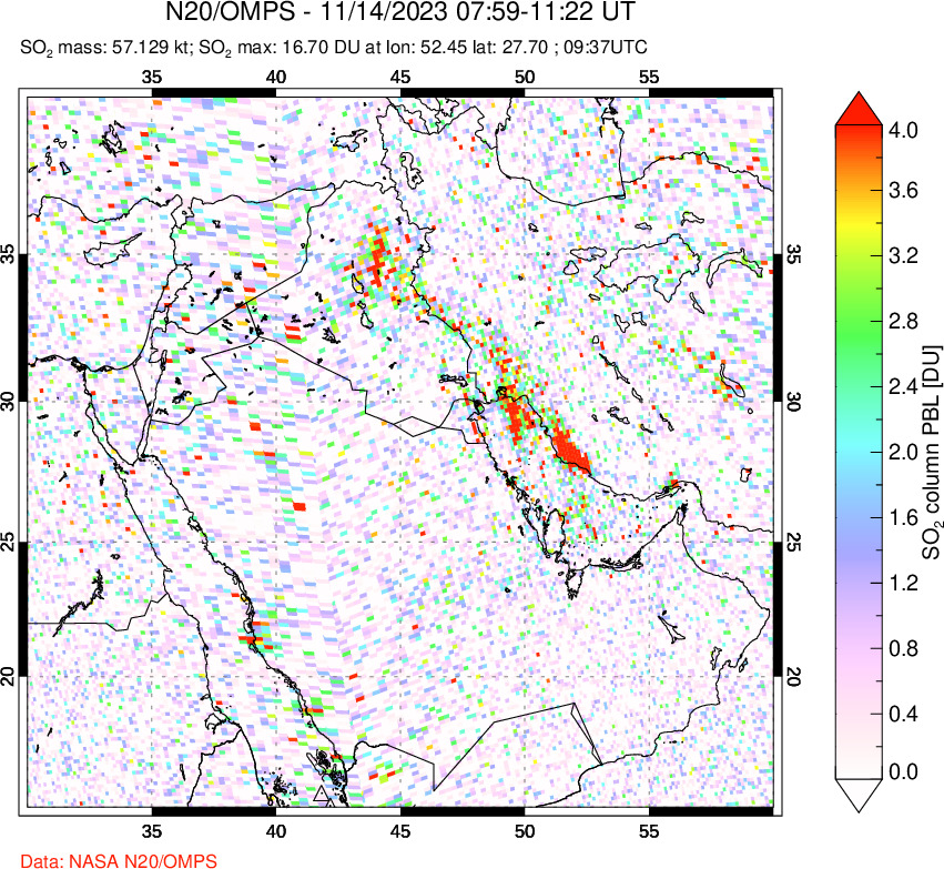 A sulfur dioxide image over Middle East on Nov 14, 2023.