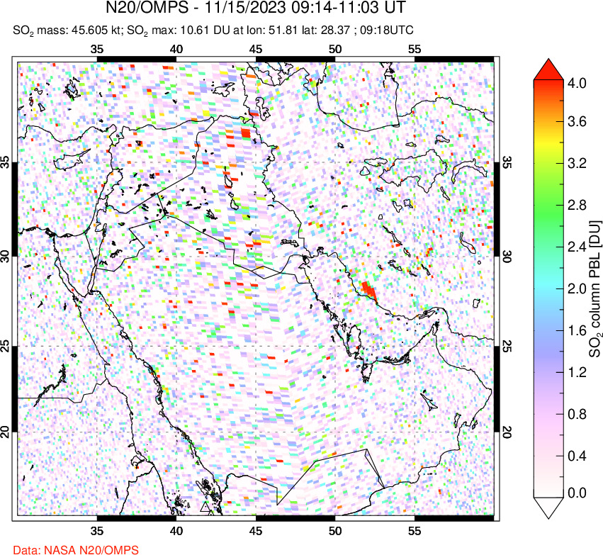 A sulfur dioxide image over Middle East on Nov 15, 2023.