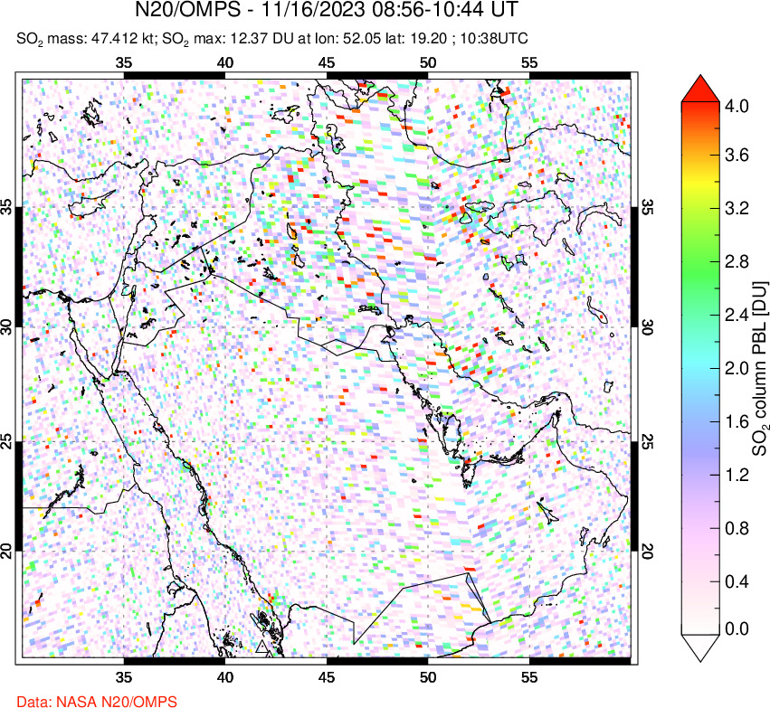 A sulfur dioxide image over Middle East on Nov 16, 2023.