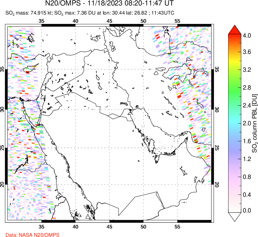 A sulfur dioxide image over Middle East on Nov 18, 2023.