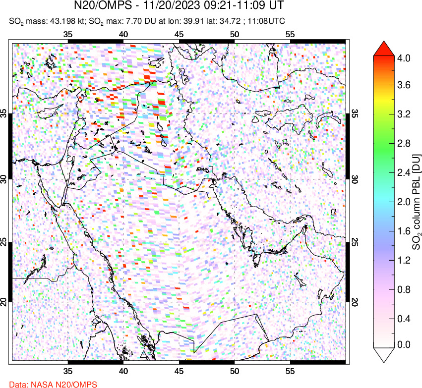 A sulfur dioxide image over Middle East on Nov 20, 2023.