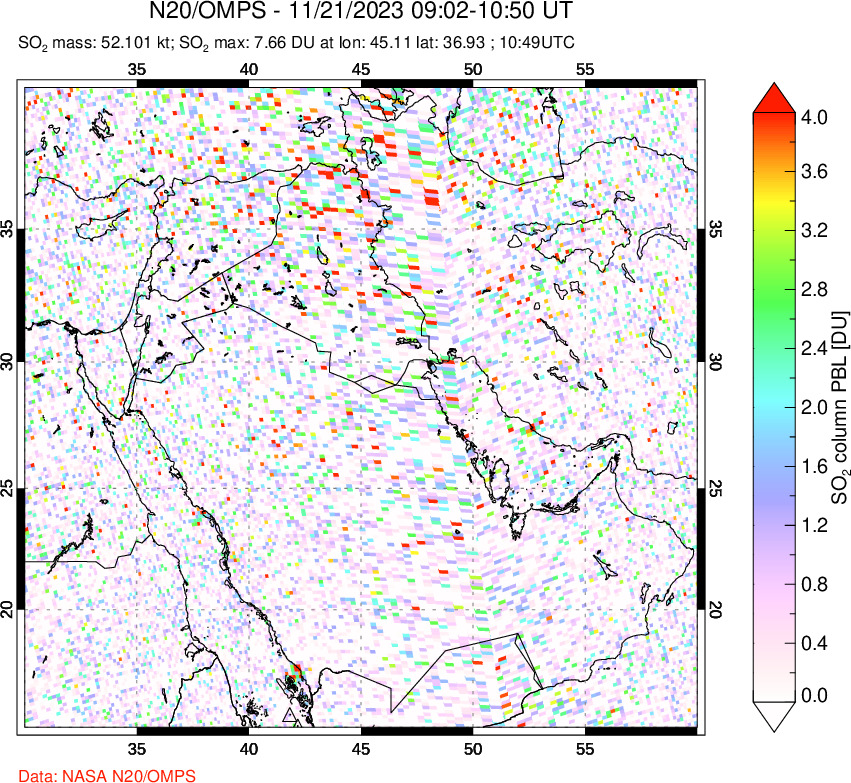 A sulfur dioxide image over Middle East on Nov 21, 2023.