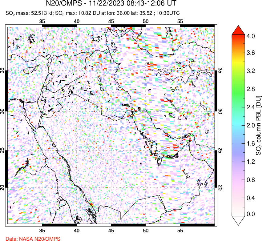 A sulfur dioxide image over Middle East on Nov 22, 2023.