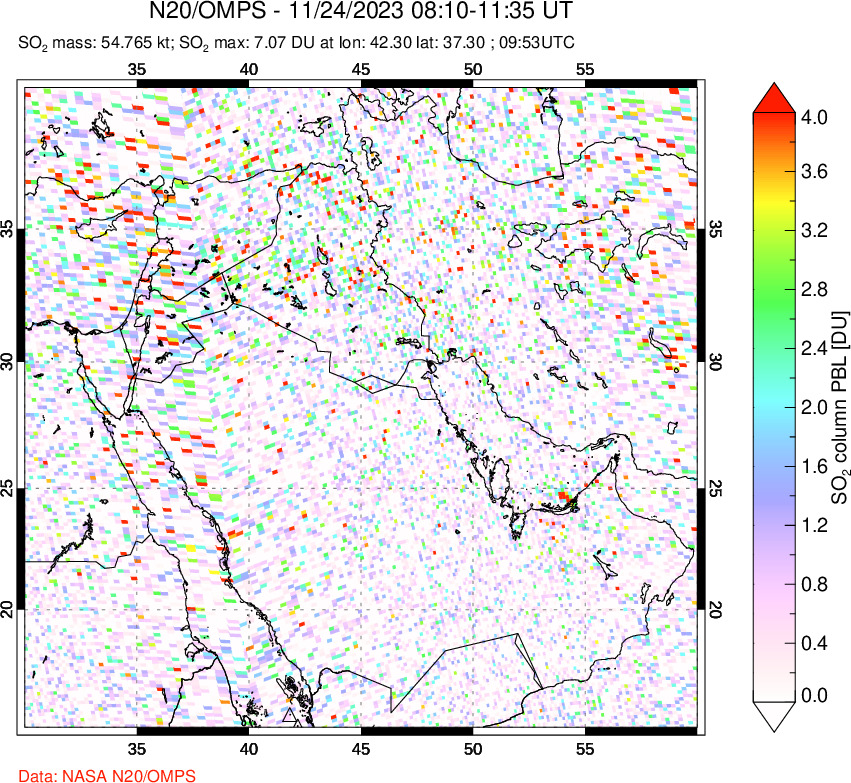 A sulfur dioxide image over Middle East on Nov 24, 2023.