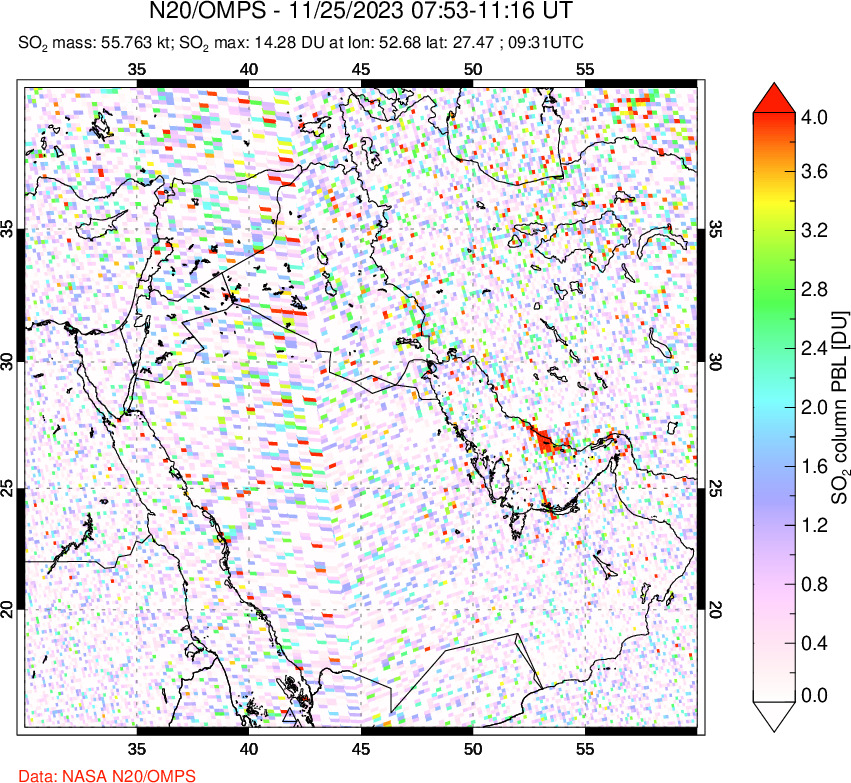 A sulfur dioxide image over Middle East on Nov 25, 2023.