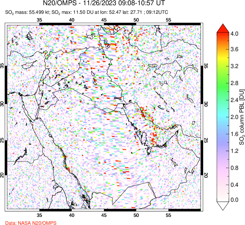 A sulfur dioxide image over Middle East on Nov 26, 2023.