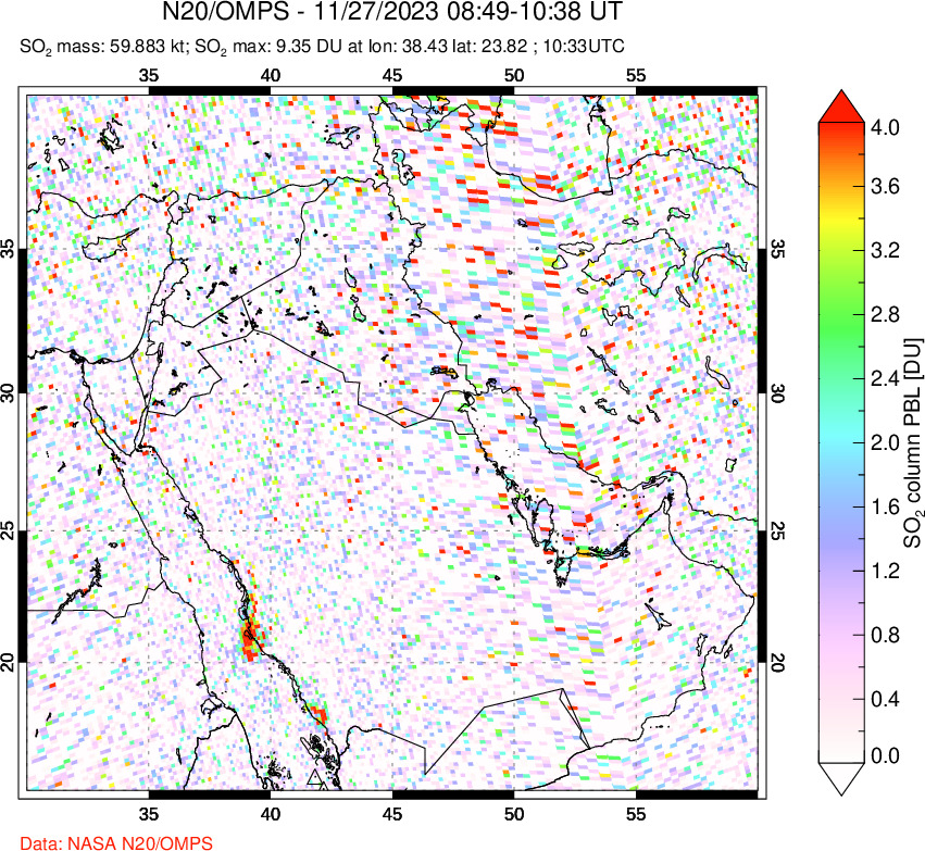 A sulfur dioxide image over Middle East on Nov 27, 2023.