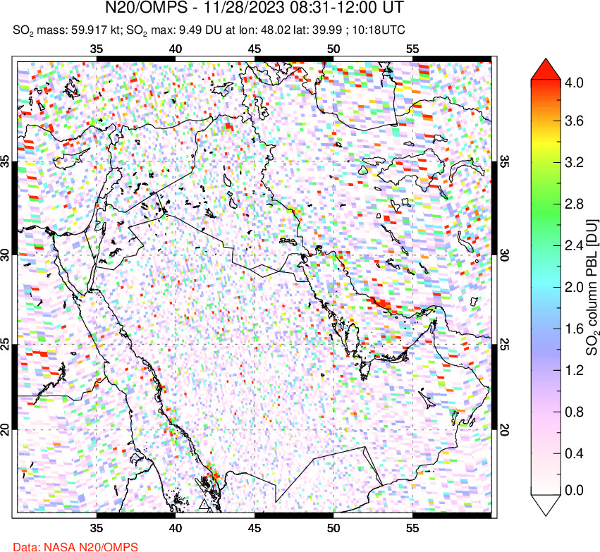 A sulfur dioxide image over Middle East on Nov 28, 2023.