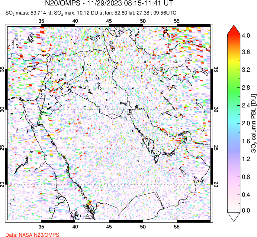 A sulfur dioxide image over Middle East on Nov 29, 2023.