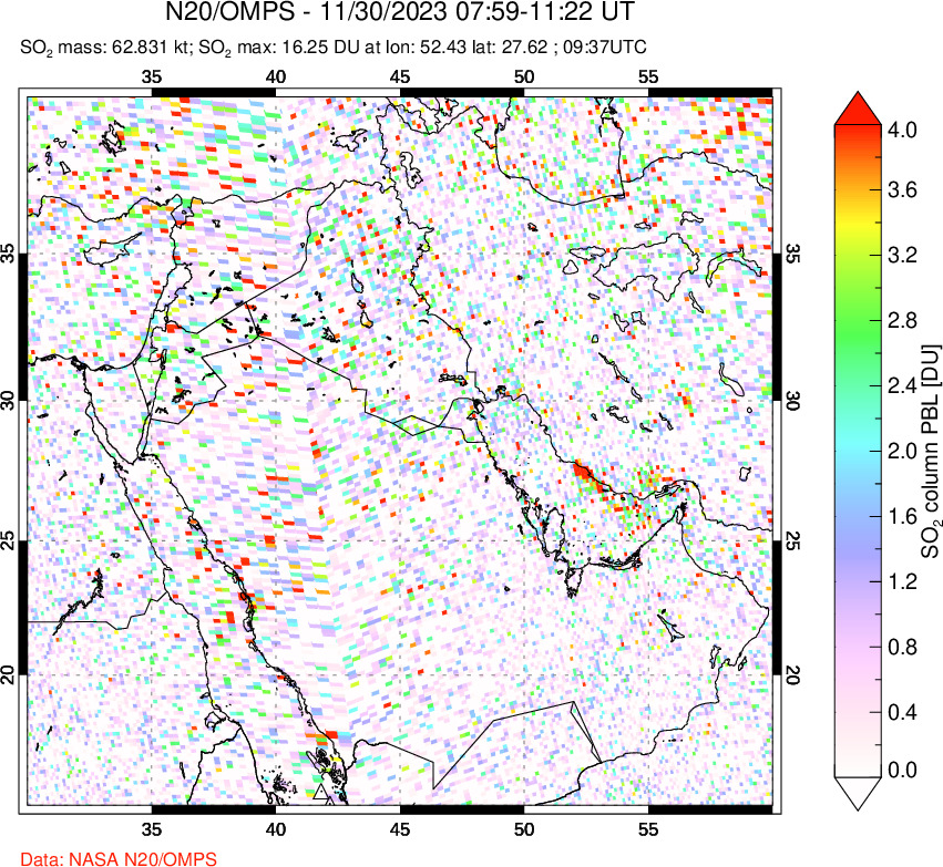 A sulfur dioxide image over Middle East on Nov 30, 2023.