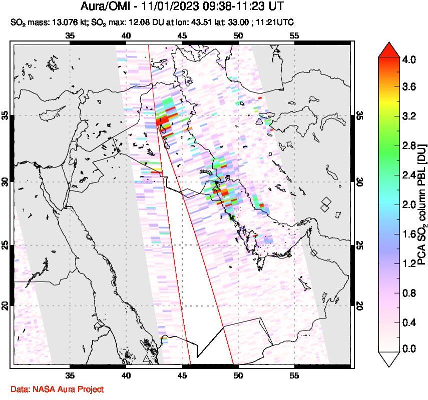 A sulfur dioxide image over Middle East on Nov 01, 2023.