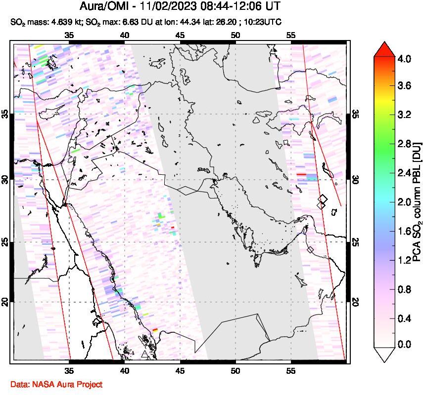 A sulfur dioxide image over Middle East on Nov 02, 2023.