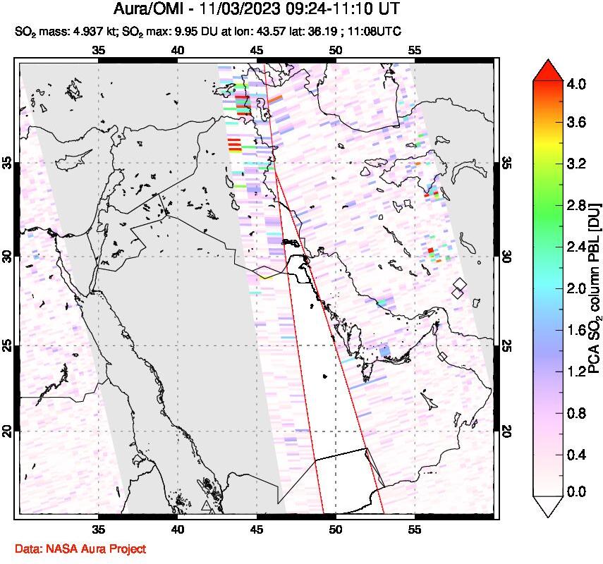 A sulfur dioxide image over Middle East on Nov 03, 2023.