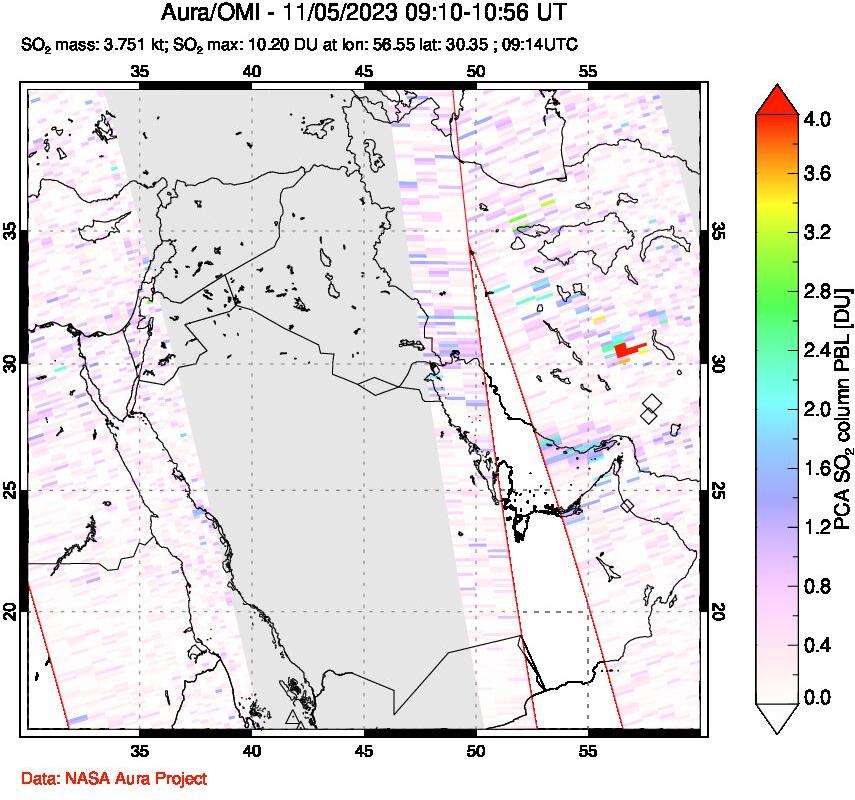 A sulfur dioxide image over Middle East on Nov 05, 2023.