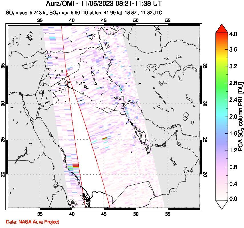 A sulfur dioxide image over Middle East on Nov 06, 2023.