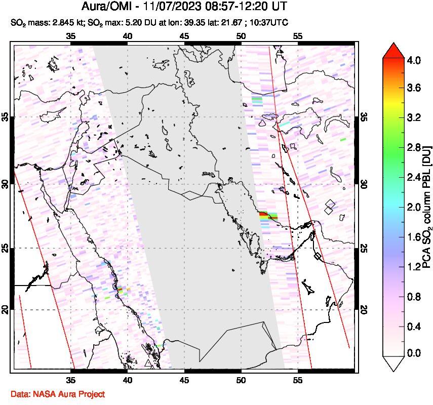 A sulfur dioxide image over Middle East on Nov 07, 2023.