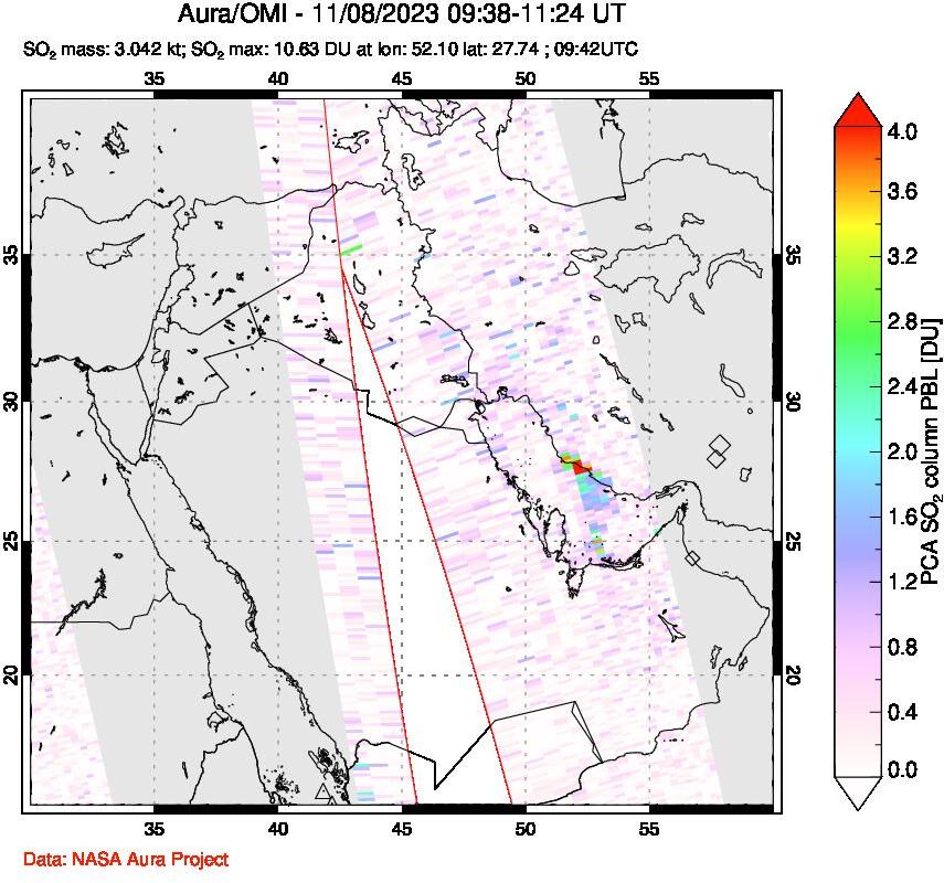 A sulfur dioxide image over Middle East on Nov 08, 2023.