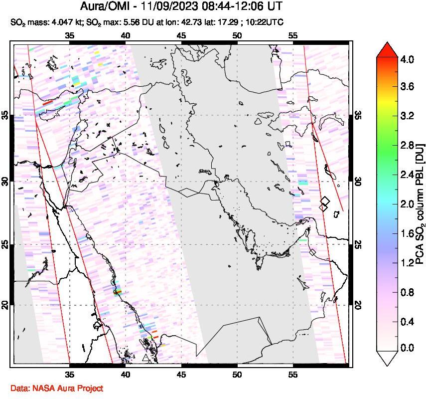 A sulfur dioxide image over Middle East on Nov 09, 2023.