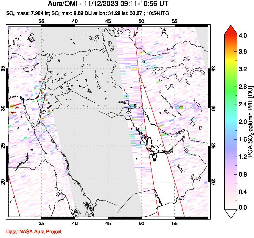 A sulfur dioxide image over Middle East on Nov 12, 2023.