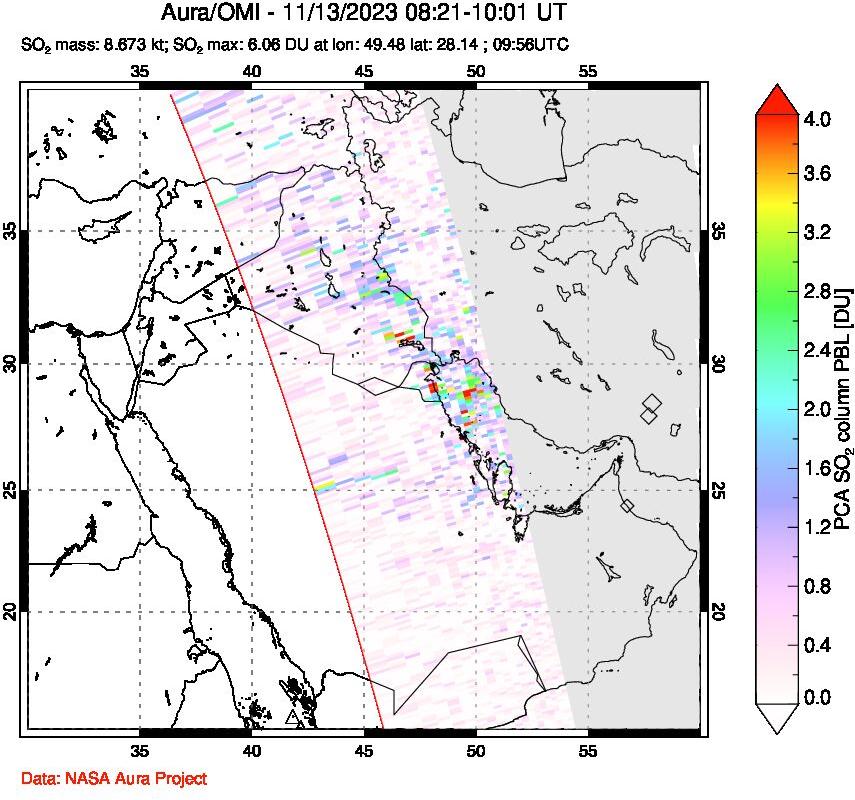 A sulfur dioxide image over Middle East on Nov 13, 2023.