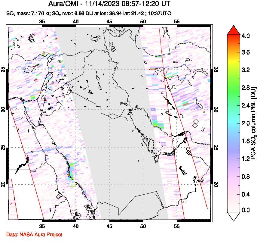 A sulfur dioxide image over Middle East on Nov 14, 2023.