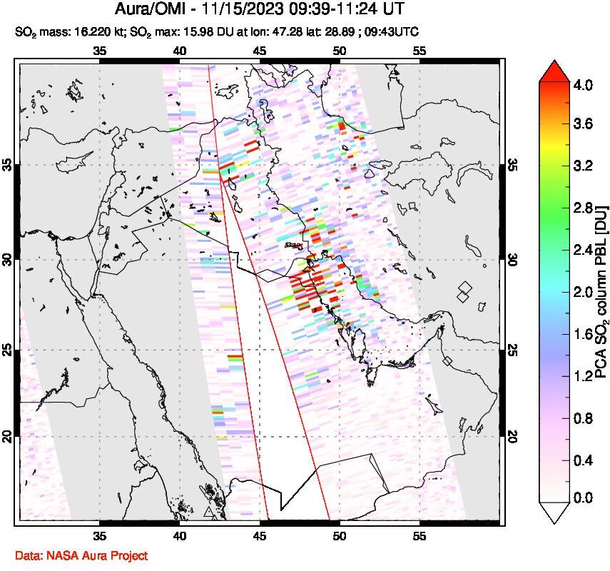 A sulfur dioxide image over Middle East on Nov 15, 2023.