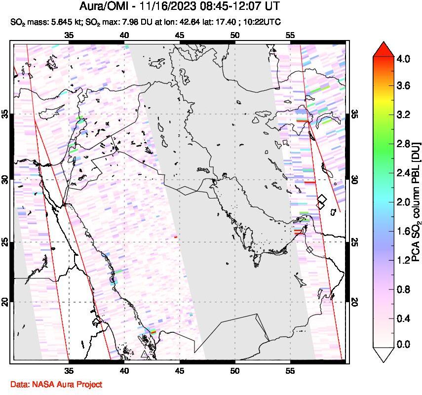 A sulfur dioxide image over Middle East on Nov 16, 2023.