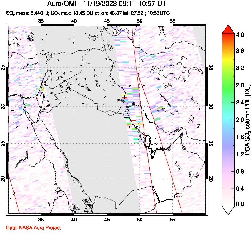 A sulfur dioxide image over Middle East on Nov 19, 2023.