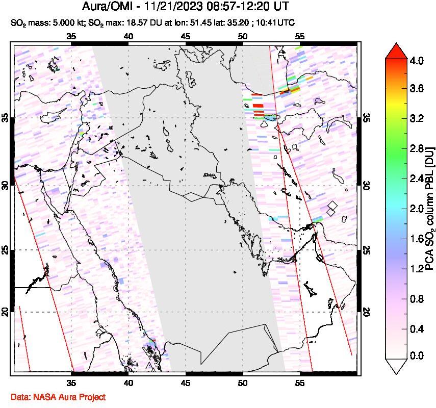 A sulfur dioxide image over Middle East on Nov 21, 2023.