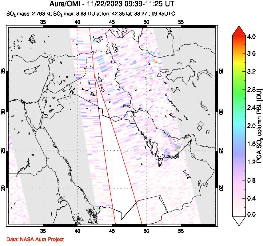 A sulfur dioxide image over Middle East on Nov 22, 2023.