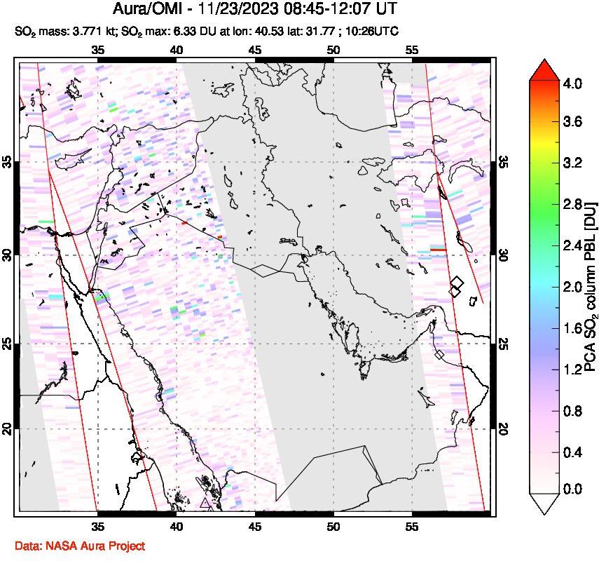 A sulfur dioxide image over Middle East on Nov 23, 2023.