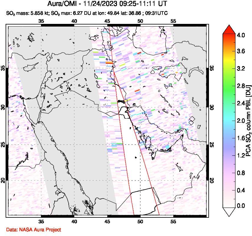 A sulfur dioxide image over Middle East on Nov 24, 2023.