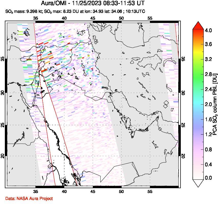 A sulfur dioxide image over Middle East on Nov 25, 2023.