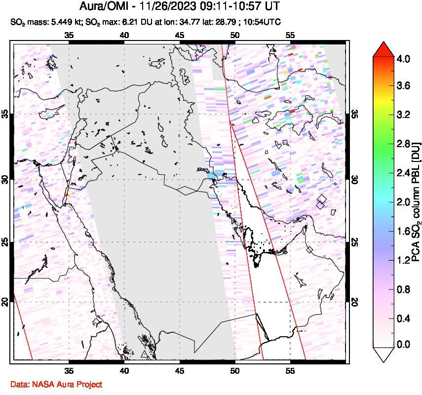 A sulfur dioxide image over Middle East on Nov 26, 2023.